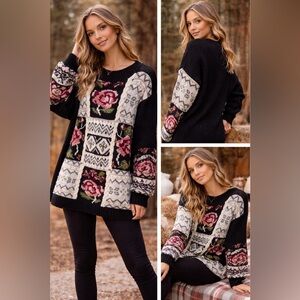 Jennifer Reed Black Floral Patchwork Crewneck Sweater knitted by Hand Size M